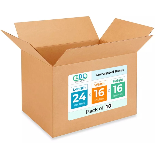 Idl Packaging 24 in x 16 in x 16 in Shipping Box, Kraft, Corrugate, Single Wall, 200#, 10 PK B-241616-10 - main